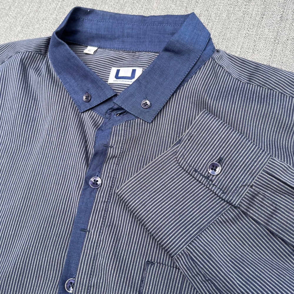 Adolfo Dominguez Mens Navy Grey Pinstripe Button Down Shirt Contrast Collar L